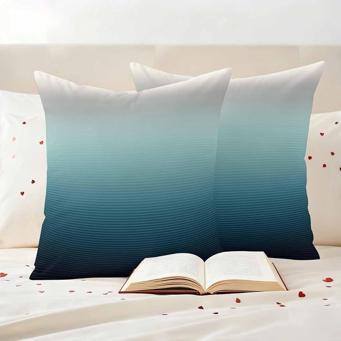 Waterproof Pillow Covers Set of 2,Black Teal and Gray Color Ombre Outdoor Pillow Protectors with Zipper Pillowcases for Patio Tent Garden Beach 24x24 Inches Modern Abstract Stripe Art