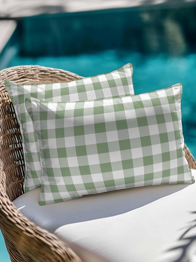 Waterproof Outdoor Pillow Set of 2 Green Buffalo Plaid Decorative Throw Pillows Cover & Insert 20x12 Inch Lumbar Pillowcase Check Lines Pillows for Couch Sofa Bed Patio Furniture Indoor Outdoor