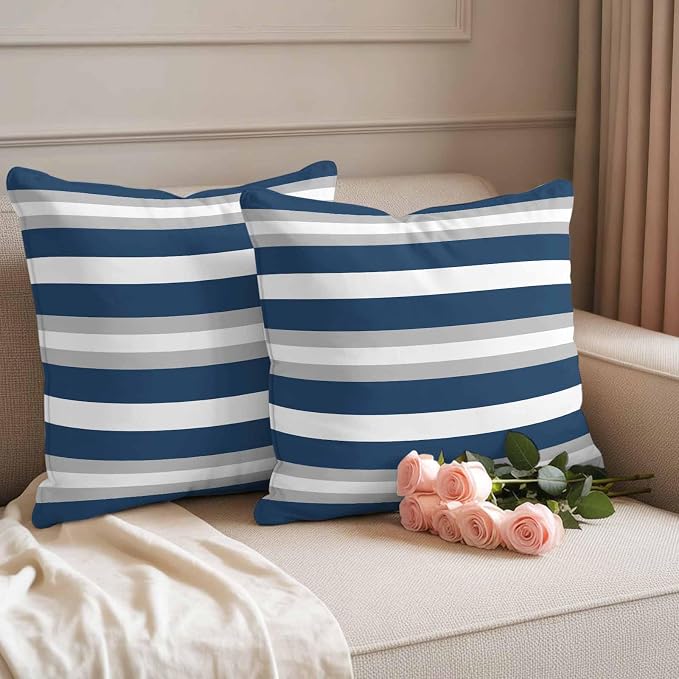 Throw Pillow Covers 26x26 Inch Set of 2, Navy Blue Grey Stripe Waterproof Outdoor Pillow Covers, Minimalist Farmhouse Striped Decorative Cushion Pillowcases for Couch, Sofa, Bed, Garden, Patio