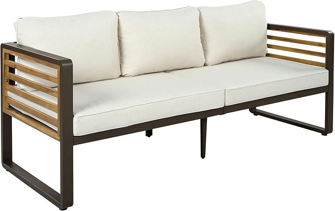 Merax 4-Piece Large Size Outdoor Conversation Sofa Set, Metal and Acacia Wood Frame Sofa with Removable Cushions, Waterproof & UV-Resistant, 5-Person Patio Furniture for Garden Backyard, Beige+Brown