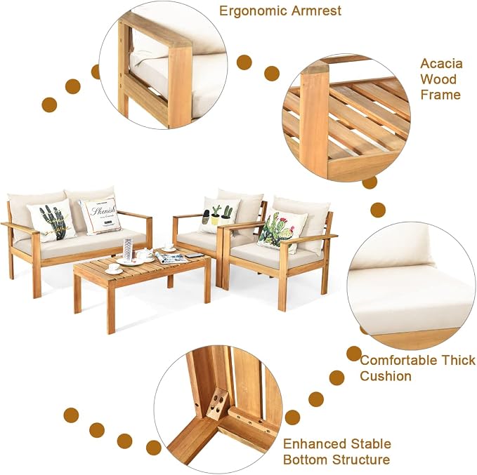 HAPPYGRILL 4 Piece Patio Furniture Set Outdoor Conversation Set Wood Sofa Table Set with Cushions, Acacia Wood Chairs & Coffee Table Set for Garden Backyard Poolside
