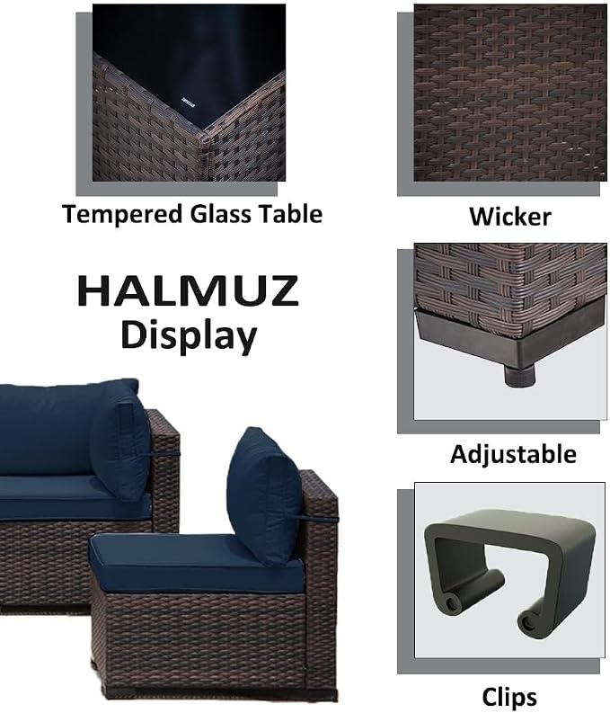 7 Pieces Outdoor Patio Furniture Sets,Wicker Conversation Set Sectional Sofa,Includes 6 All-Weather High Back PE Rattan Seating Components w/Thickened Cushions&Coffee Table,Navy