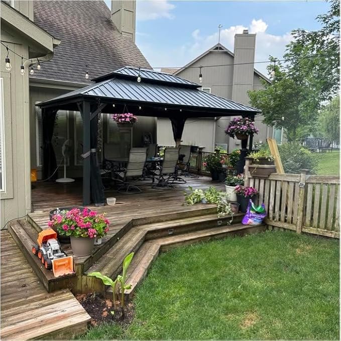 Domi Outdoor Hardtop Gazebo 12’x14’, Permanent Metal Gazebo for Patios with Aluminum Frame, Galvanized Steel Double Roof, Heavy Duty Curtains & Netting, Grey