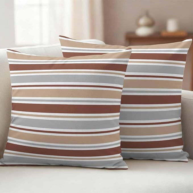 Beige Khaki Striped Outdoor Pillow Cover 16x16 Inch Cushion Sham Case, Farmhouse Stripes Modern Abstract Art Waterproof Decorative Square Throw Pillowcase for Outside Garden Patio Porch Couch Chair