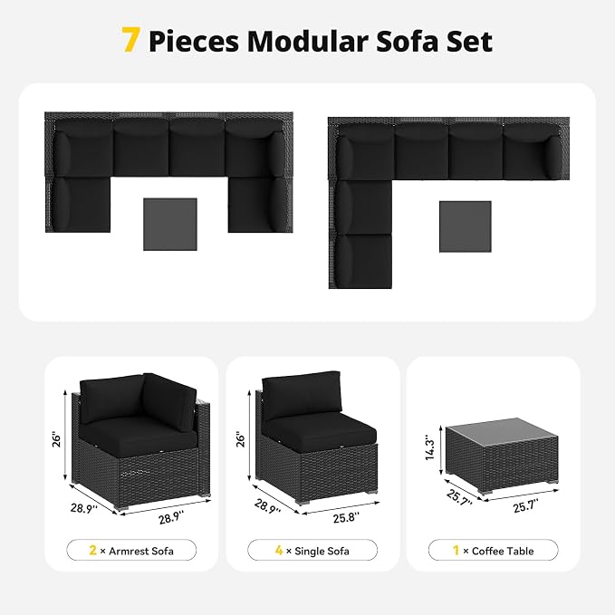Aoxun Patio Furniture Set, 7 Piece Outdoor Sectional Sofas with Waterprool Cover, Wicker Rattan Outdoor Furniture Patio Conversation Set for Backyard, Garden Black
