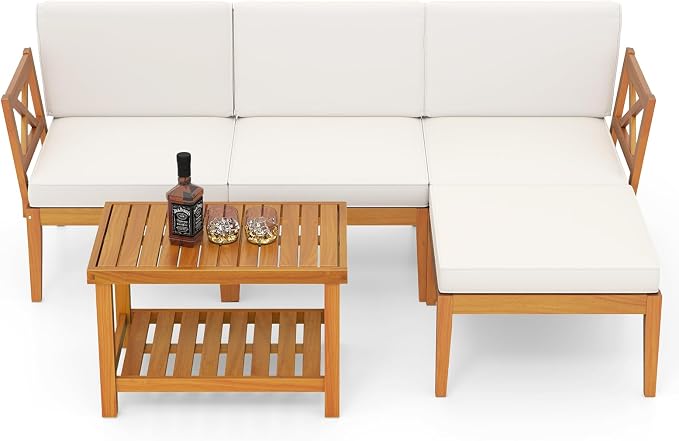 HAPPYGRILL 5 Pieces Acacia Wood Patio Furniture Set, Outdoor Sectional Couch with 2-Tier Coffee Table and Cushions, L Shaped Outdoor Conversation Set for Porch, Garden, Backyard