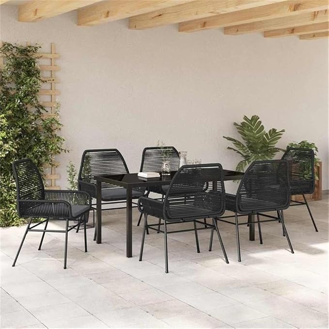 Afuera Living 7 Piece Poly Rattan Patio Dining Set, Black Finish, UV-Resistant, Powder-Coated Steel Frame, Cushioned Seats, Black Tempered Glass Table, Modern Outdoor Furniture for Garden or Patio Use