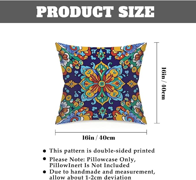 16x16 Inch Outdoor Pillow Covers Set of 2 Waterproof Throw Pillow Covers Decorative Couch Cushion Covers Mexican Style Floral Square Pillowcases Protectors for Patio Garden Sofa