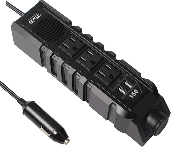 BYGD 150W Car Power Inverter for Vehicles, DC 12V to 110V AC Car Plug Adapter Outlet Converter with 1 Cigarette Lighter Socket, 3 AC Outlets, Dual 4.8A Fast Charging USB Ports for Digital Devices