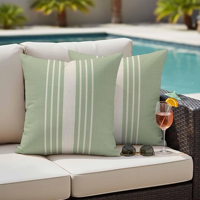 Sage Green Beige Striped Outdoor Pillow Covers 16x16 Inch Throw Pillow Covers Set of 2 Waterproof Decorative Pillow Cases Modern Farmhouse Retro Lines Cushion Covers for Patio Furniture Garden Couch
