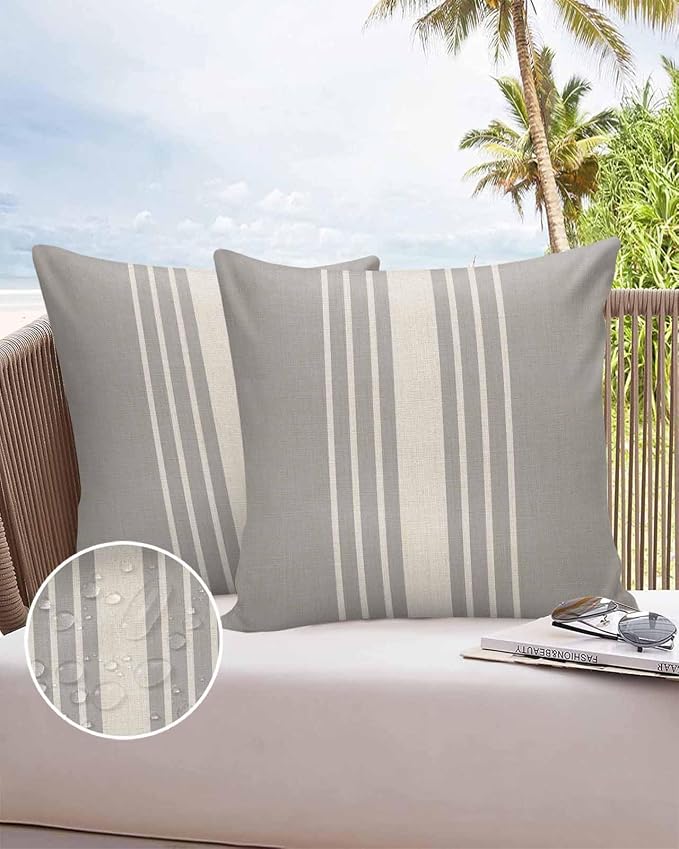 Vandarllin Outdoor Throw Pillows Covers 26x26 inch Set of 2 Waterproof Grey Vertical Stripes Decorative Zippered Cushion Covers for Patio Furniture, Classic Striped Linen Lumbar Pillowcases