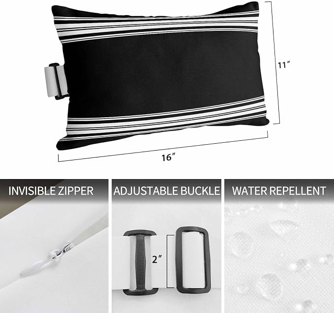 Black White Stripes Chaise Lounge Head Pillow, Abstract Geometric Waterproof Outdoor Chair Pillow with Strap&Insert for Garden Beach Pool Recliner, 11x16in, 1PCS