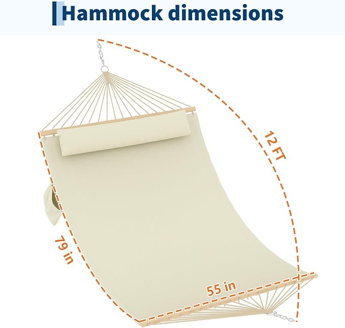 Double Quilted Hammock with Spreader Bar, 12FT, Detachable Pillow, 2-Person | cotton-polyester blend, UV-resistant, quick-dry, 450lbs, for patio/backyard/poolside, Beige White