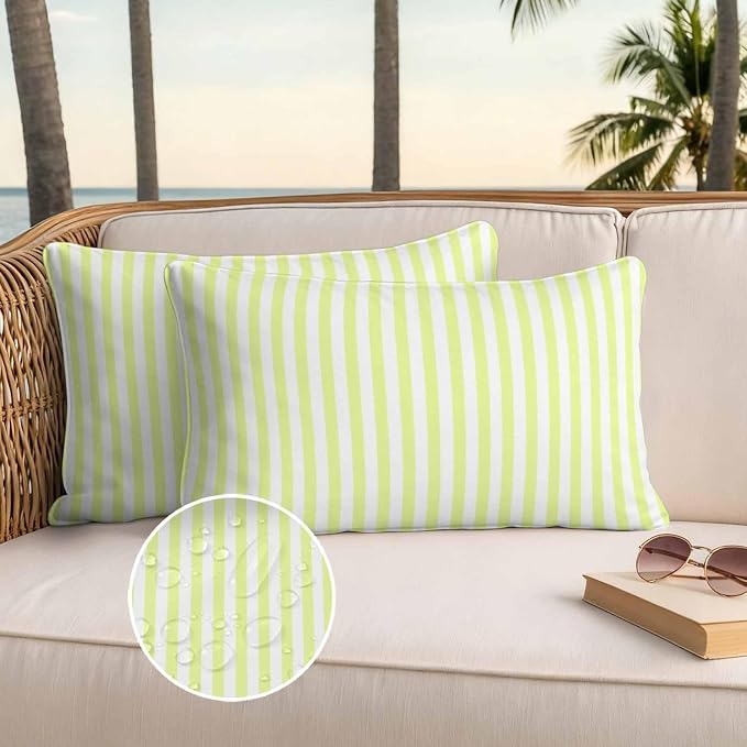 Lumbar Pillow Covers 20x12 Inch Set of 2, Yellow White Stripe Waterproof Outdoor Cushion Covers, Modern Minimalist Geometric Striped Decorative Pillowcases for Couch, Sofa, Bed, Garden, Patio