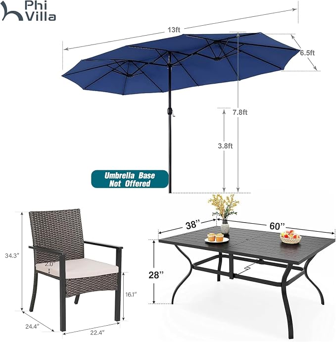 PHI VILLA 7pc Patio Dining Set with Blue Umbrella, 6 Rattan Chairs | 60" Metal dining table, 6 cushioned rattan wicker chairs, 13ft blue umbrella. Perfect for patio, deck, yard, or porch.
