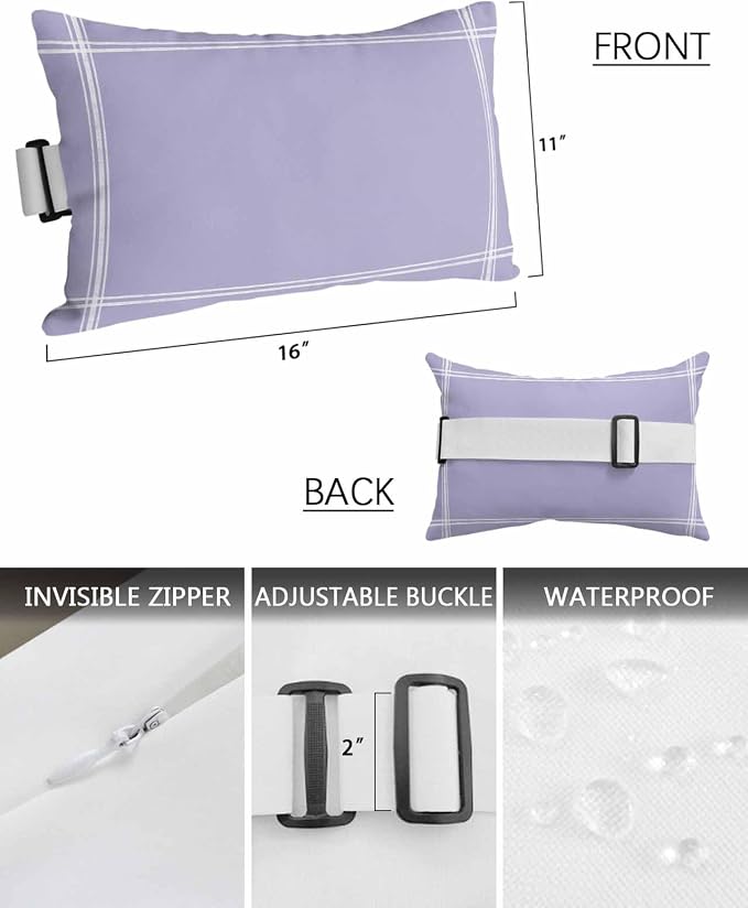 Chaise Lounge Chair Pillow with Strap & Insert Lavender Purple Outdoor Recliner Head Pillow Pack of 2 Solid Color Waterproof Headrest Patio Lumbar Pillow for Beach Pool Office Chair 11x16 Inch