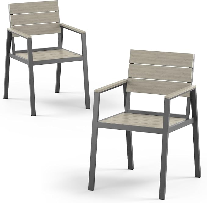 Outdoor Patio Dining Chairs Set of 2, 350LBS Capacity Aluminum Patio Dining Chairs with Armrests, Weather-Resistant for Lawn, Garden, Yard, Poolside and Indoor Use (Gray)