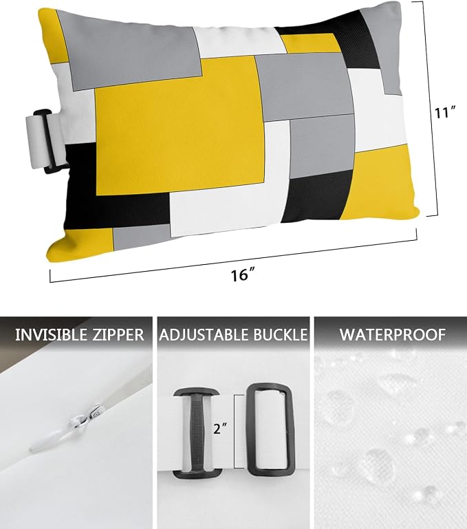 Outdoor Pillows Covers with Inserts Abstract Art Patchwork Black and Yellow Waterproof Recliner Pillow with Adjustable Strap Throw Pillows for Patio Furniture Pool Lounge Chair, 11x16 inch, 2PCS