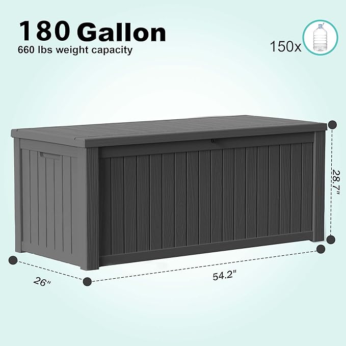 PatioZen 180 Gallon Deck Boxes Outdoor Waterproof, Weatherproof Outdoor Storage Boxes Lockable for Patio Furniture, Pool Supplies,Garden Tools(Black)