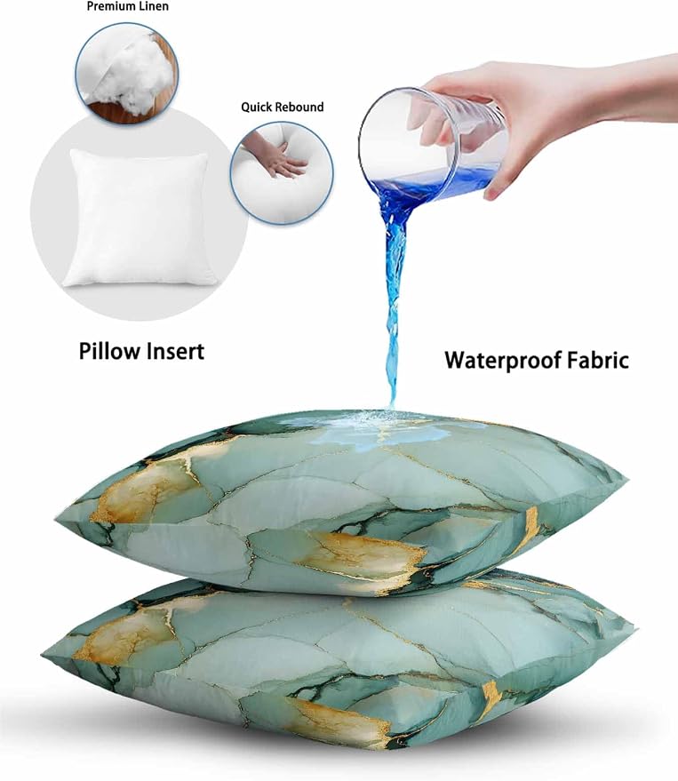 1 Pack Outdoor Throw Pillow, Teal Ombre Marble Waterproof Pillow with Insert Included, Modern Ink Painting Abstract Decorative Accent Cushion Lumbar Pillows for Patio Porch, 12 x 20 in