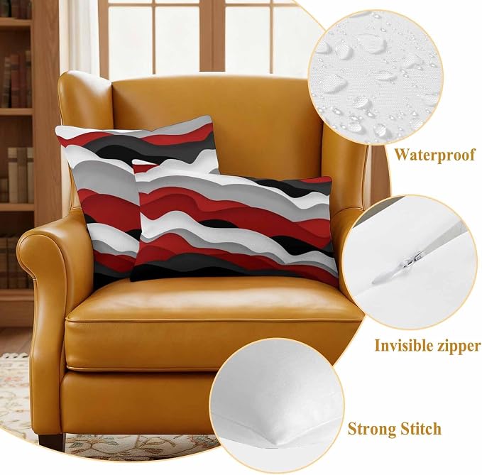 Ocean Waves Outdoor Waterproof Throw Pillow Covers Set of 2, 26"x26", Black Red Wave Gradient Decorative Pillow Covers Outside Cushion Case for Patio Porch Garden