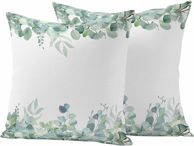 Spring Green Leaf Outdoor Waterproof Throw Pillow Covers Set of 2, 20"x20", Eucalyptus Leaves Watercolor Plants Decorative Pillow Covers Outside Cushion Case for Patio Porch Garden