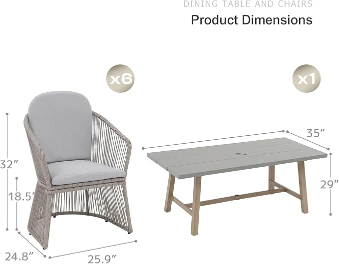 SUNSITT 7 Piece Outdoor Patio Dining Set, Patio Dining Furniture Set with 76” Aluminum Dining Table w/Umbrella Hole and 6 Woven Wicker Outdoor Patio Chairs w/Curved Armrest for Garden, Light Grey
