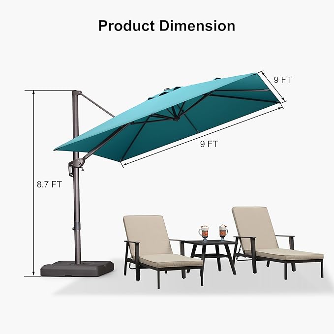 PURPLE LEAF 9' X 9' Patio Umbrella Antique Bronze Square Cantilever Umbrella Outdoor with 360° Rotation and Aluminum Offset Hanging for Pool Deck Garden Backyard, Turquoise