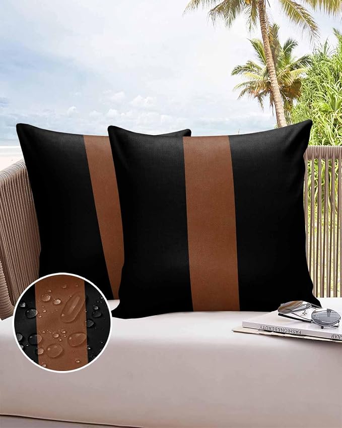 Outdoor Waterproof Throw Pillow Covers Set of 2 Brown Black Pillowcases 24x24 Inches Boho Style Patio Decorative Pillows Cushion Case Patio Pillows for Couch Bed Chair Garden