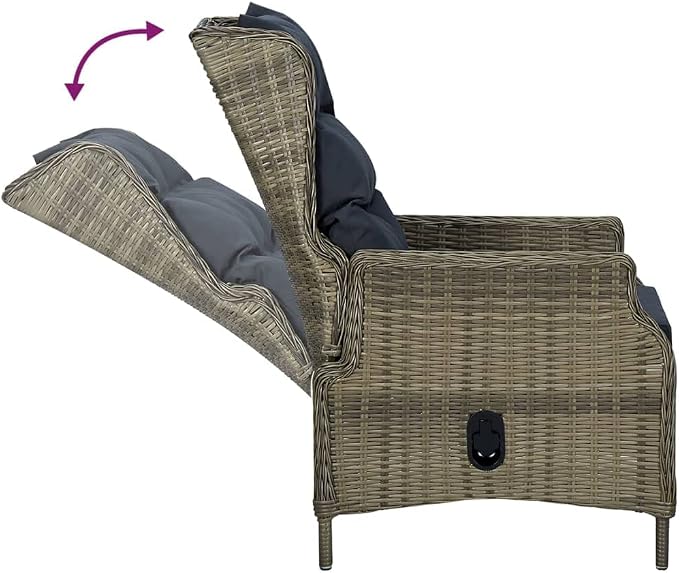 7 Piece Patio Dining Set Brown Poly Rattan with 6 Adjustable Reclining Chairs & Cushions, Outdoor Rattan Dining Table with Tempered Glass Weather Resistant Conversation Set for Garden Backyard Deck