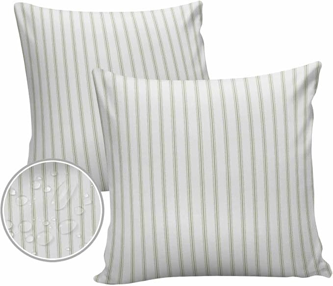 Outdoor Waterproof Throw Pillow Covers 24x24in, Modern Art Striped Cushions for Garden Patio Furniture Chairs Set of 2, Sage Green Home Decor Couch Sofa Polyester Pillow Cases