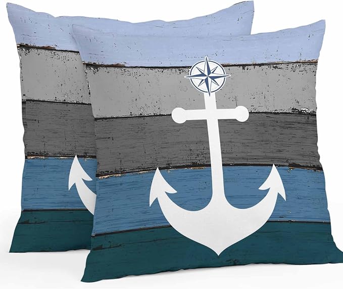Chucoco Waterproof Pillow Covers for Couch Throw Pillow Cases Set of 2,Nautical White Anchor Decorative Cushion Pillow Covers 18x18In,Indoor Outdoor Decoration Vintage Blue Grey Farm Wood Plank