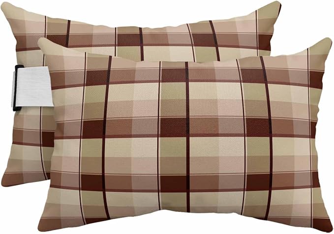Outdoor Head Pillow with Adjustable Elastic Strap, Vintage Farm Buffalo Checker 2 Pack Waterproof Headrest Cushion Pillows for Balcony/Garden/Beach/Pool Chair Recliners Brown Khaki Plaid Lattice