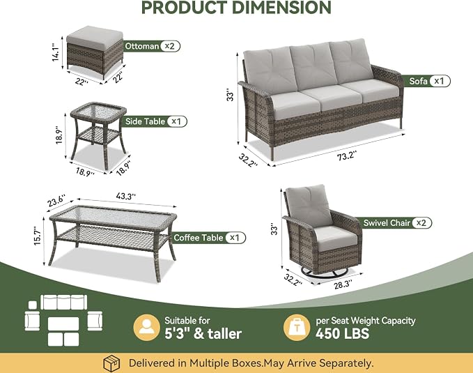 Aoxun 7-Piece Patio Furniture Set with Thick Cushions, Wicker Outdoor Sectional Sofa with High Back Swivel Rocker Chairs, Outdoor Patio Furniture Set with Coffee Table & Ottoman, Grey