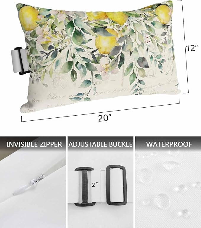 Lumbar Pillow Covers Set of 4, Summer Lemon Waterproof Outdoor Chaise Lounge Pillow Covers with Elastic Strap, Spring Eucalyptus Leaves Botanical Vintage Headrest Pillowcase for Patio, 12 x 20