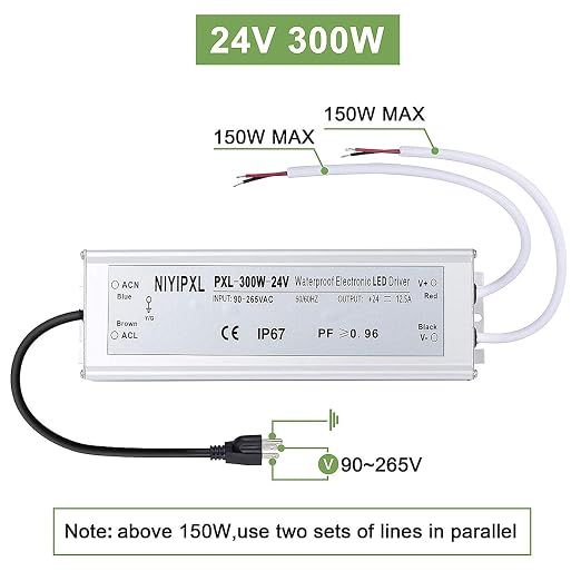 LED Driver 300 Watts(150W X2) 24V DC Transformer， Waterproof IP67 Power Supply, 24V DC Low Voltage Output Adapter with 3-Prong Plug 3.3 Feet Cable for LED Light, Computer Project, Outdoor Light
