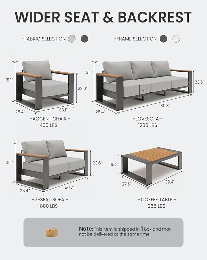 Oversized Aluminum Patio Furniture, 1 Piece Luxury Outdoor Furniture with 7.1" Extra Thick Cushion, Modern Outdoor Sectional Loveseat for Porch, Garden and Deck, Gray