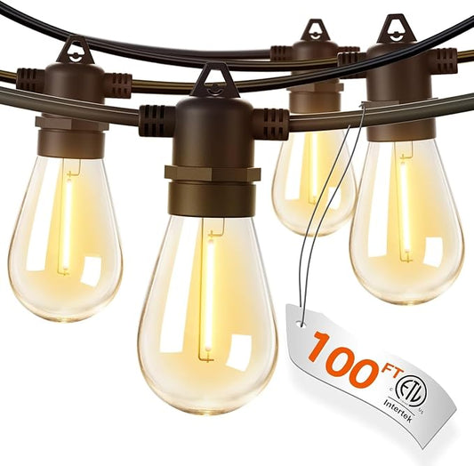 addlon 100FT Outdoor String Lights LED Waterproof Patio Lights with 32 Edison Dimmable Bulbs Shatterproof Hanging Lights for Outside Cafe Bistro Garden Balcony Porch Yard Gazebo Deck 2Packs*50FT