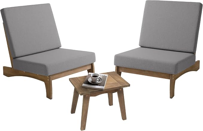 Pia Ricoo 3 Piece Patio Bistro Set with Patio Chairs and Table, Heavy Duty Wood Patio Furniture Set, All-Weather Outdoor Chairs for Balcony, Deck, Poolside, Porch - Gray