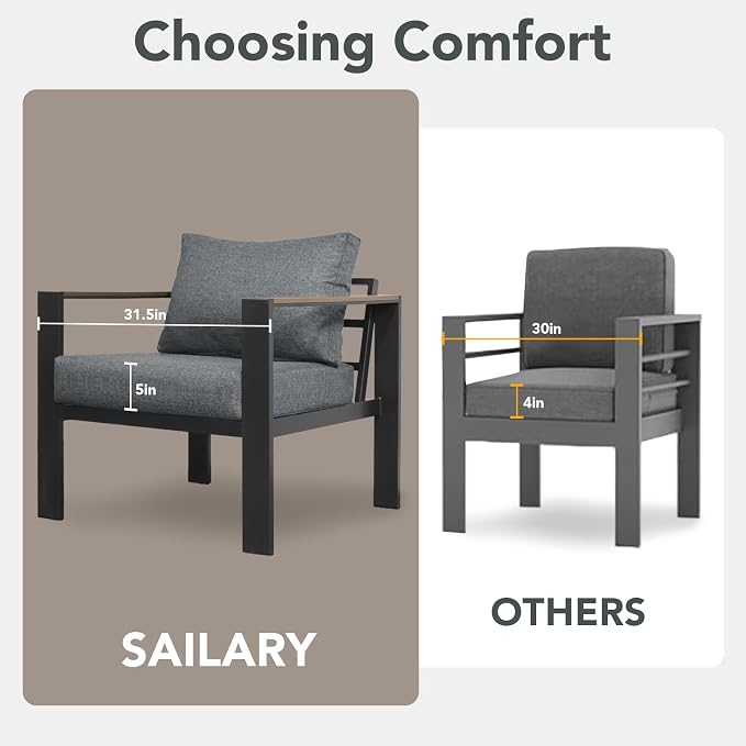 Outdoor Patio Furniture Set 2 Pieces Armchair with Washable Thick Cushions, Luxury Aluminum Patio Furniture Chair Modern Outside Sectional Set for Porch, Balcony, Deck, Yard, Gray