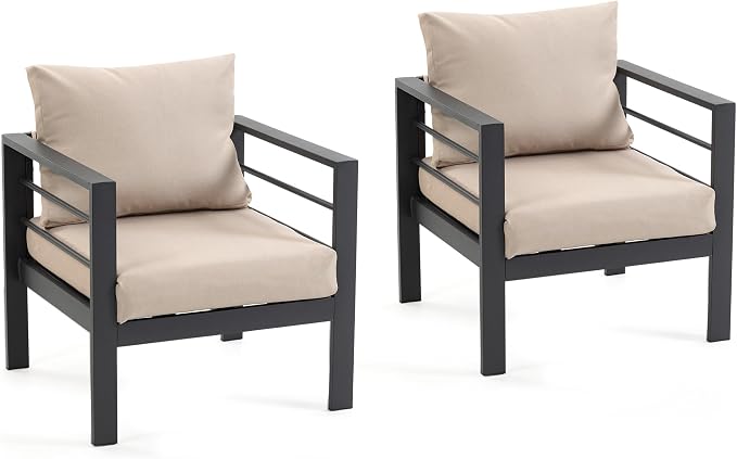 4-Piece All-Weather Metal Patio Furniture Set, Sectional Conversation Sofa w/Coffee Table, Heavy Duty Steel Frame & Washable Cushions for Backyard Garden (Khaki, Armchair)