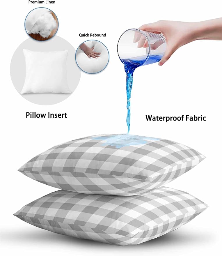 Waterproof Outdoor Pillow Set of 2 Grey Buffalo Plaid Decorative Throw Pillows Cover & Insert 20x12 Inch Lumbar Pillowcase Check Lines Pillows for Couch Sofa Bed Patio Furniture Indoor Outdoor