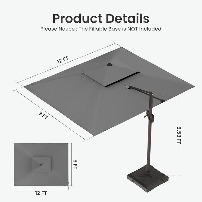9x12 FT Cantilever Patio Umbrella with Base and Led Lights Double Top Outdoor Rectangular Large Heavy Duty Aluminum Offset Umbrellas with 7 Level Tilt 360-degree Rotation for Pool Garden Deck, Grey