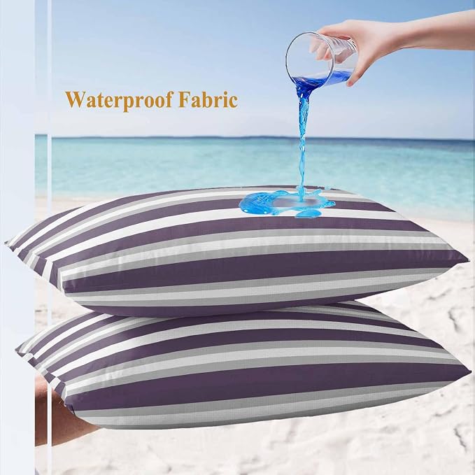 Lumbar Pillow Covers 20x12 Inch Set of 2, Purple Grey Stripe Waterproof Outdoor Pillow Covers, Minimalist Farmhouse Striped Decorative Cushion Pillowcases for Couch, Sofa, Bed, Garden, Patio