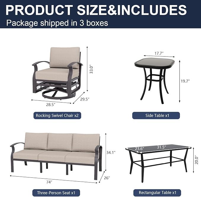 Kurapika Aluminum Patio Furniture Set 5-Seat Modern Outdoor Conversation Sets w/Swivel Rocking Chairs with Rectangular Coffee Table, Sand