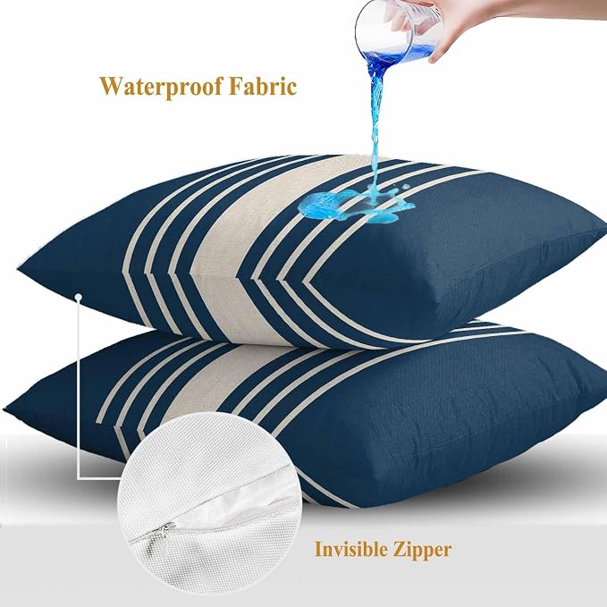 Throw Pillow Covers 24x24 Inch Set of 2, Navy Blue Beige Striped Waterproof Outdoor Cushion Covers, Modern Farmhouse Retro Lines Decorative Pillowcases for Couch, Sofa, Bed, Garden, Patio