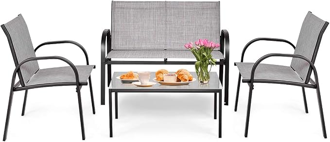 Tangkula 4 Pieces Patio Furniture Set, Metal Frame Heavy Duty Outdoor Conversation Set, Includes Glass Top Coffee Table, 2 Armrest Chairs and Loveseat, Suitable for Lawn Garden Porch Balcony (Gray)