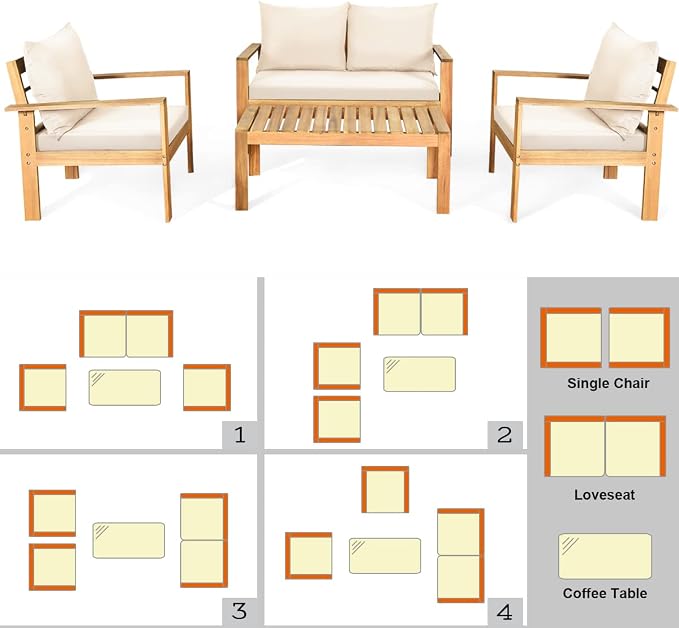 HAPPYGRILL 4 Piece Patio Furniture Set Outdoor Conversation Set Wood Sofa Table Set with Cushions, Acacia Wood Chairs & Coffee Table Set for Garden Backyard Poolside