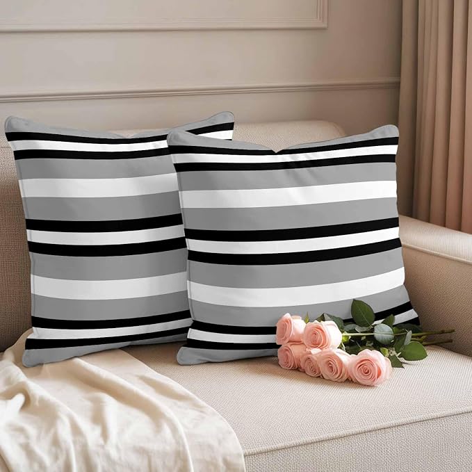 Throw Pillow Covers 20x20 Inch Set of 2, Black Gray Striped Waterproof Outdoor Pillow Covers, Contemporary Minimalist Lines Art Decorative Cushion Pillowcases for Couch, Sofa, Bed, Garden, Patio