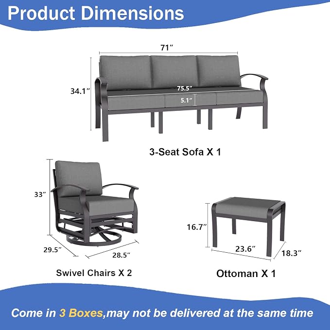 ALAULM Aluminum Patio Furniture Set with Swivel Chairs 7-seat Metal Outdoor Furniture Patio Sectional Sofas w/2 Ottomans for Porch, Backyard, Poolside-Grey